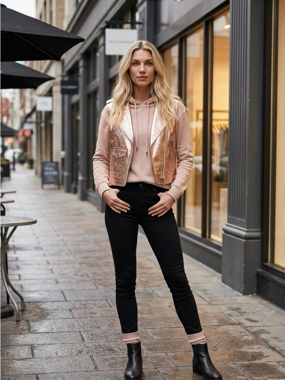 Rare NWT Doma Metallic Crinkle Vest over Cropped Utility Hoodie